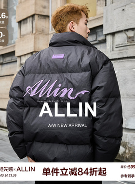 ALLIN 黑色鸭绒羽绒服男款冬季美式潮牌字母刺绣立领短款情侣外套