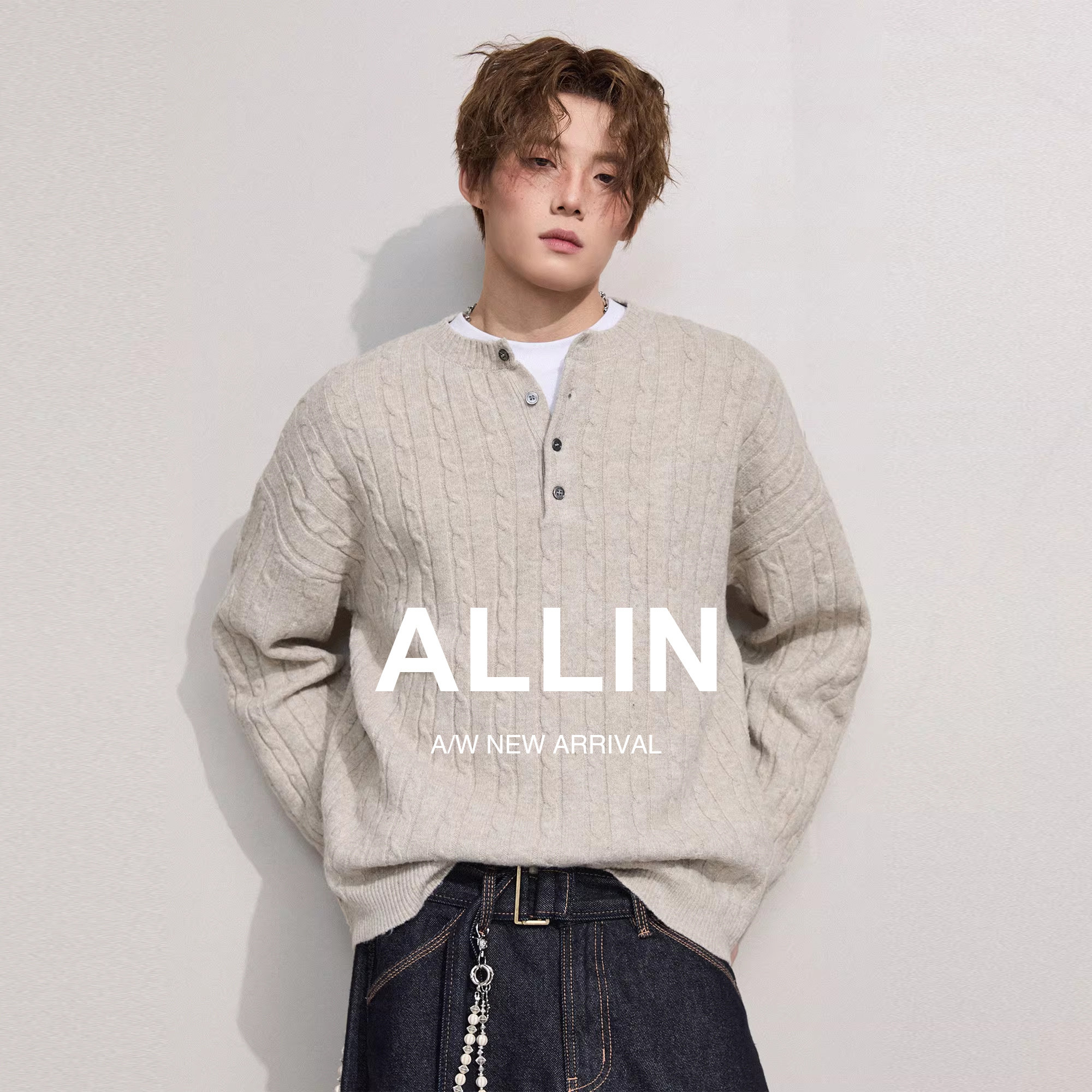 ALLIN 美式亨利领毛衣男春秋季麻花纹含羊毛半开襟纽扣打底针织