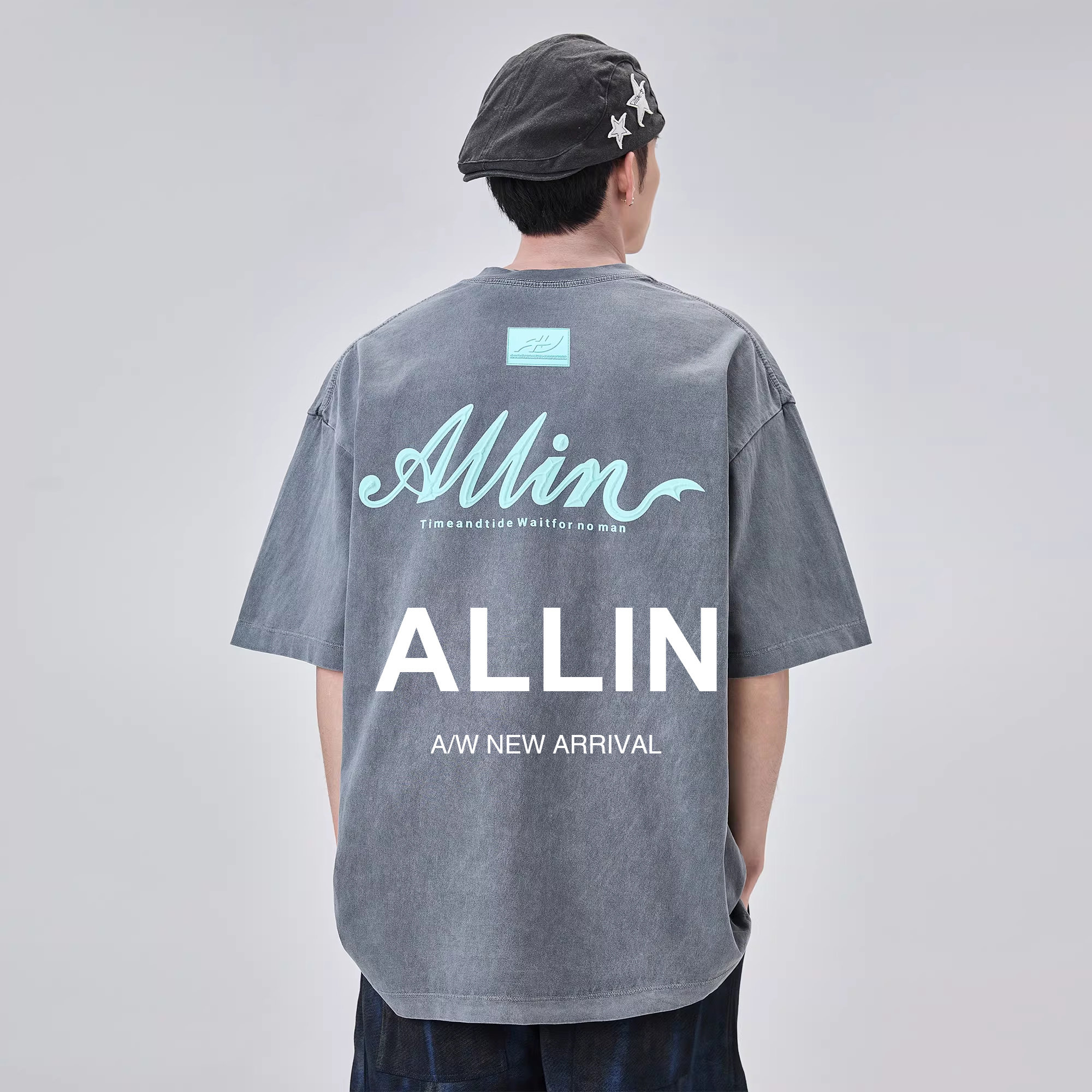 ALLIN 纯棉重磅短袖t恤男夏季潮牌炒盐洗水半袖体恤字母印花上