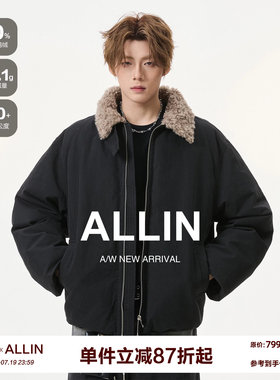 ALLIN 黑色短款毛领羽绒服男生冬季保暖cleanfit翻领夹克情侣外套