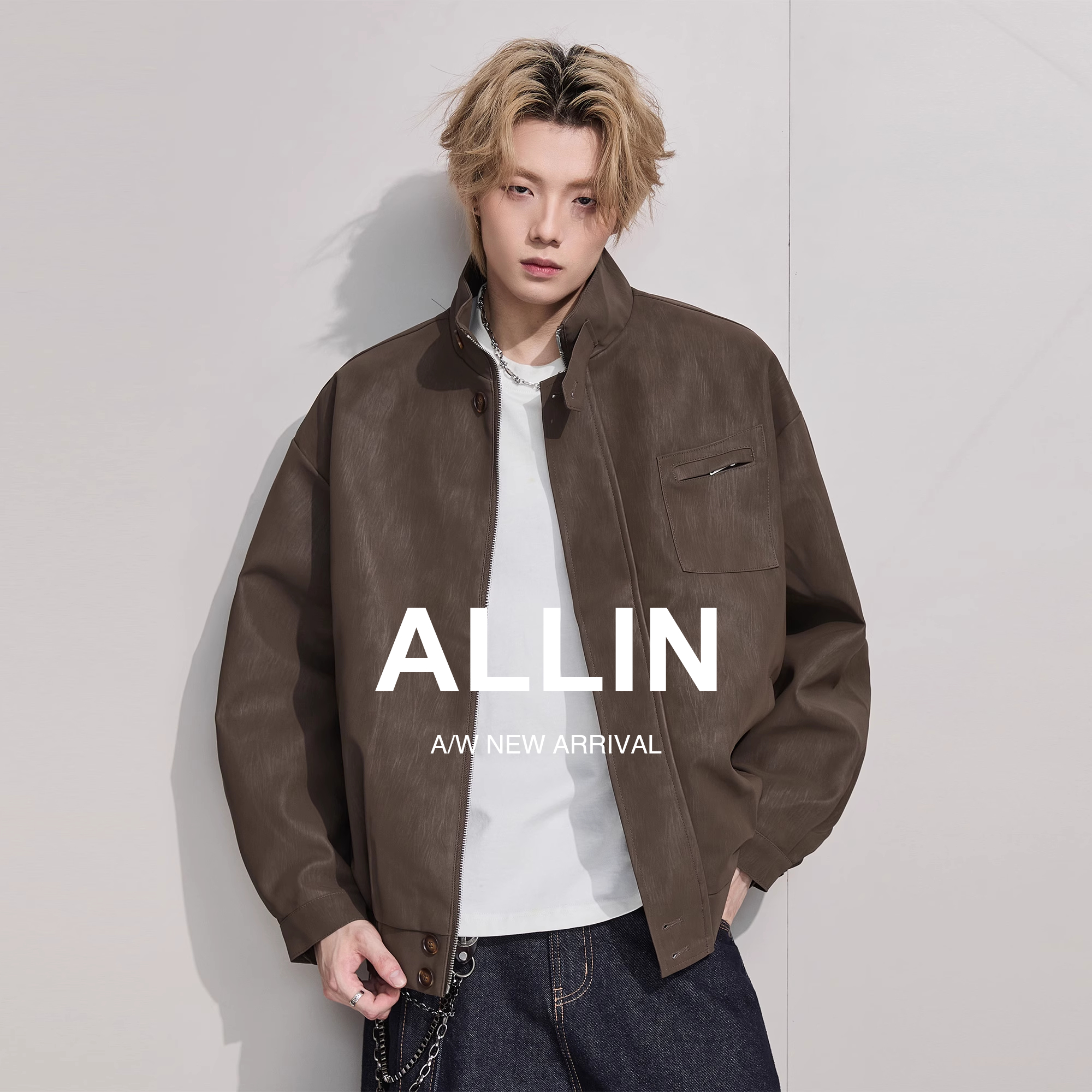 ALLIN cleanfit翻领皮衣夹克男秋季美式复古大码机车潮牌情侣外套