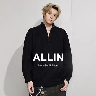 ALLIN 线衣 黑色半拉链毛衣男秋冬半高领宽松慵懒风纯色百搭针织衫