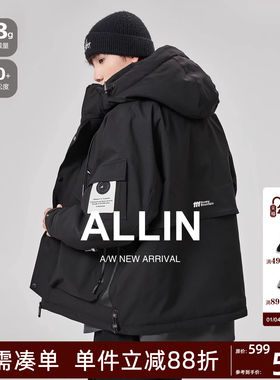 ALLIN 黑色连帽羽绒服男生冬季美式潮牌加厚保暖情侣工装休闲外套