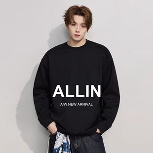 ALLIN 上衣情侣宽松百搭外套 黑色重磅套头卫衣男秋冬廓形圆领大码