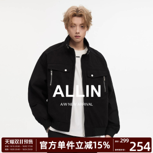 机车服情侣短款 ALLIN 潮牌工装 美式 外套 黑色立领飞行员夹克男秋季