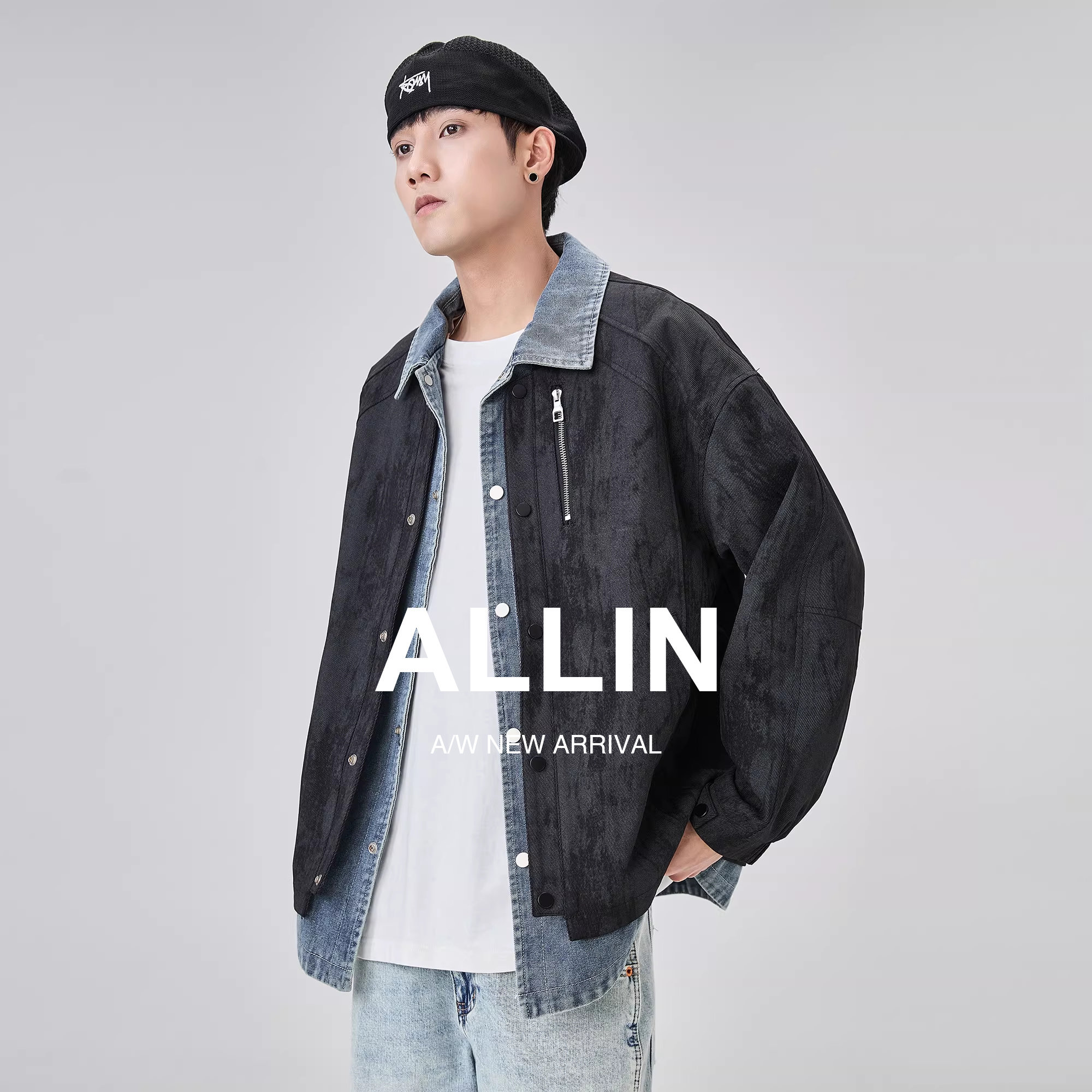 ALLIN 牛仔拼接假两件翻领外套男春秋新款潮流痞帅衬衫领夹克上