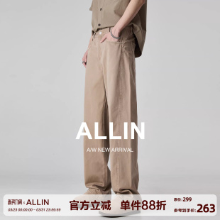 复古休闲长裤 ALLIN 美式 男春秋宽松直筒阔腿裤 子 卡其色水洗牛仔裤