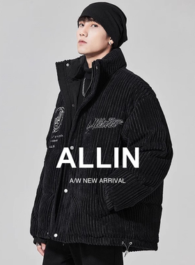 ALLIN 黑色立领羽绒服男冬季潮牌灯芯绒刺绣鸭绒内胆加厚保暖外套