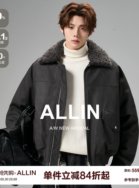 ALLIN 可拆卸毛领黑色皮夹克羽绒服男冬季防风保暖情侣机车服外套