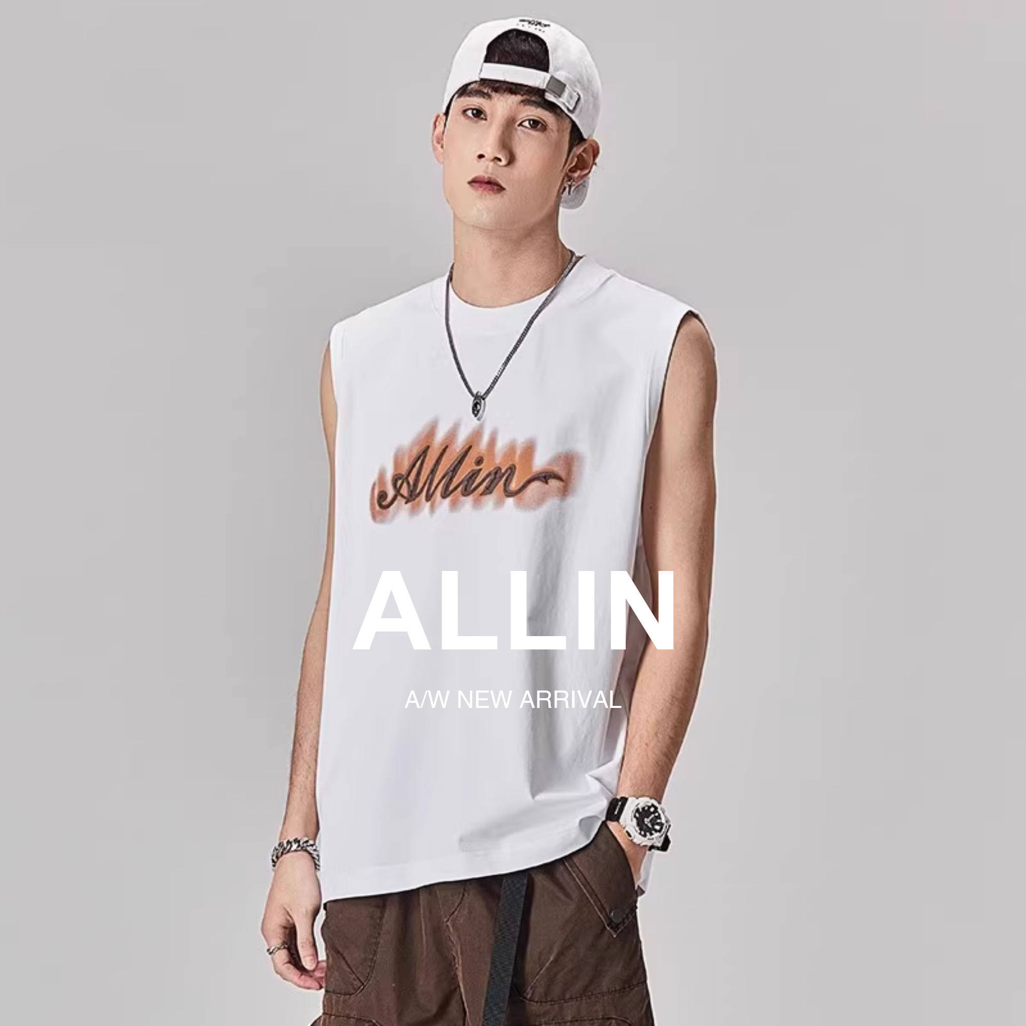 ALLIN 黑色无袖背心t恤男夏季美式潮牌字母印花运动速干坎肩上