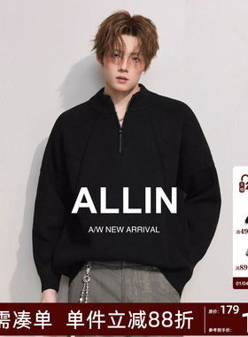 ALLIN 黑色半拉链毛衣男秋冬季半高领针织打底衫情侣休闲保暖上衣