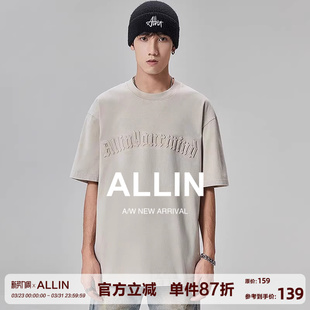 字母印花水洗半袖 ALLIN 美式 t恤男夏季 纯棉情侣上衣 重磅250g短袖
