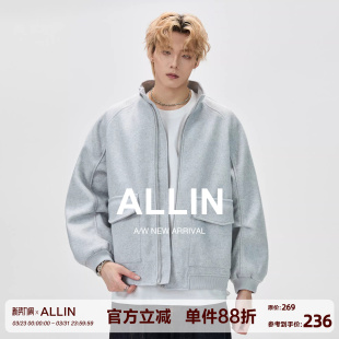 美式 外套男春秋季 高街宽松立领潮牌高级感夹克 灰色廓形短款 ALLIN