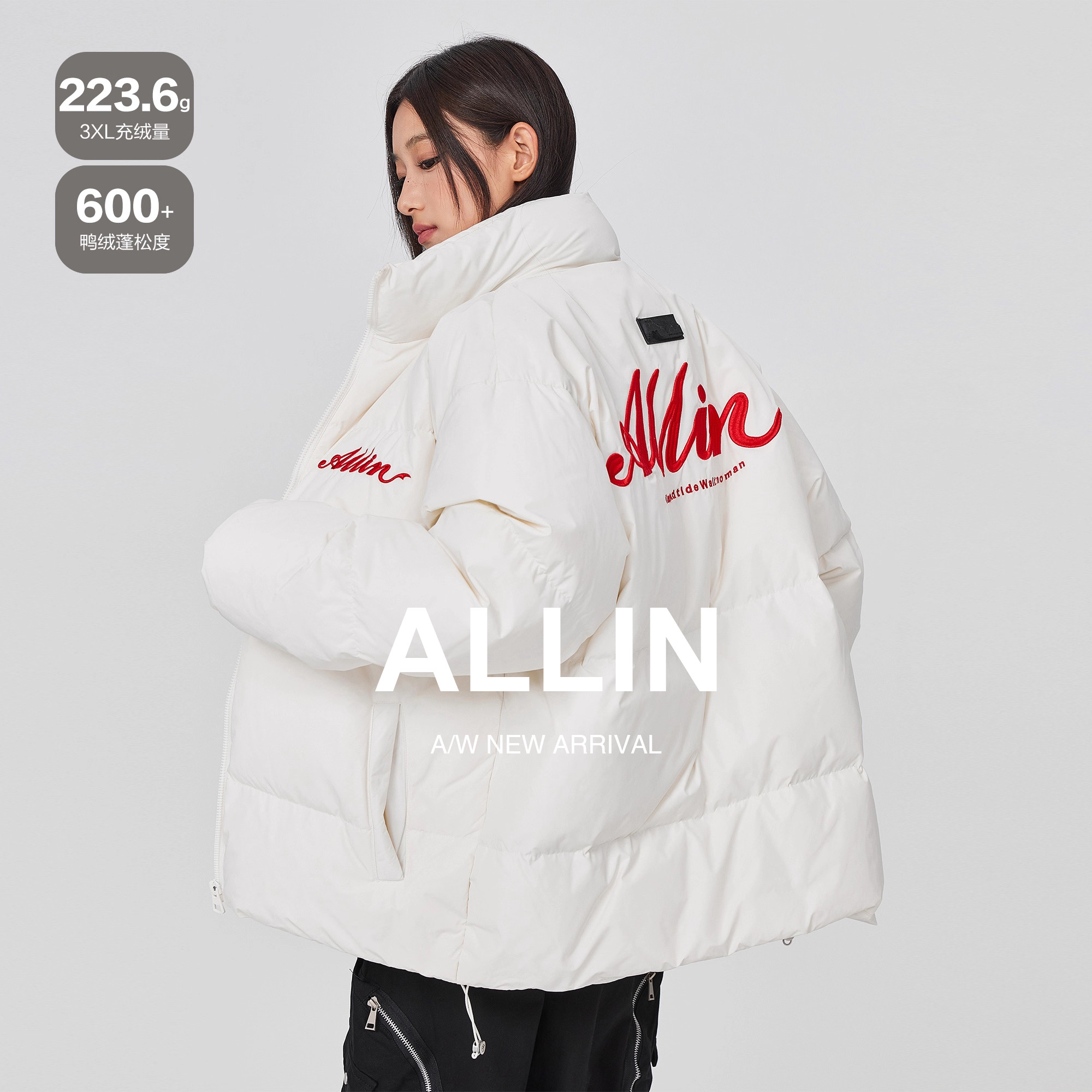 ALLIN 白色鸭绒羽绒服男女同款冬季字母刺绣加厚保暖立领短款外套,男装,羽绒服,淘宝优惠券,粉丝福利购,淘宝优惠卷