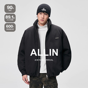 ALLIN 黑色立领羽绒服男冬季保暖宽松休闲短款90绒荔枝纹情侣外套