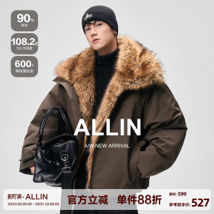 防寒外套 加厚保暖情侣夹克90绒短款 ALLIN 座山雕毛领羽绒服男冬季
