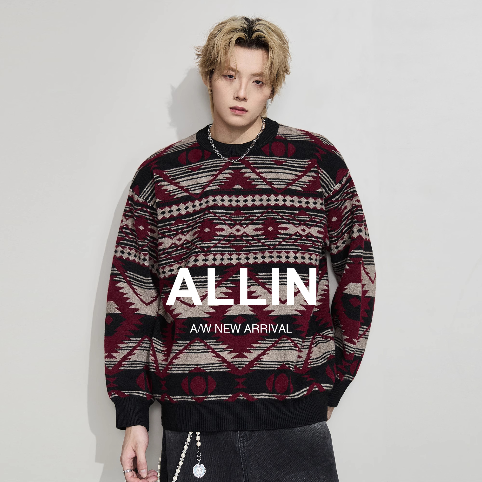 ALLIN 美式混色费尔岛毛衣男秋冬宽松休闲内搭圆领打底衫情侣外套