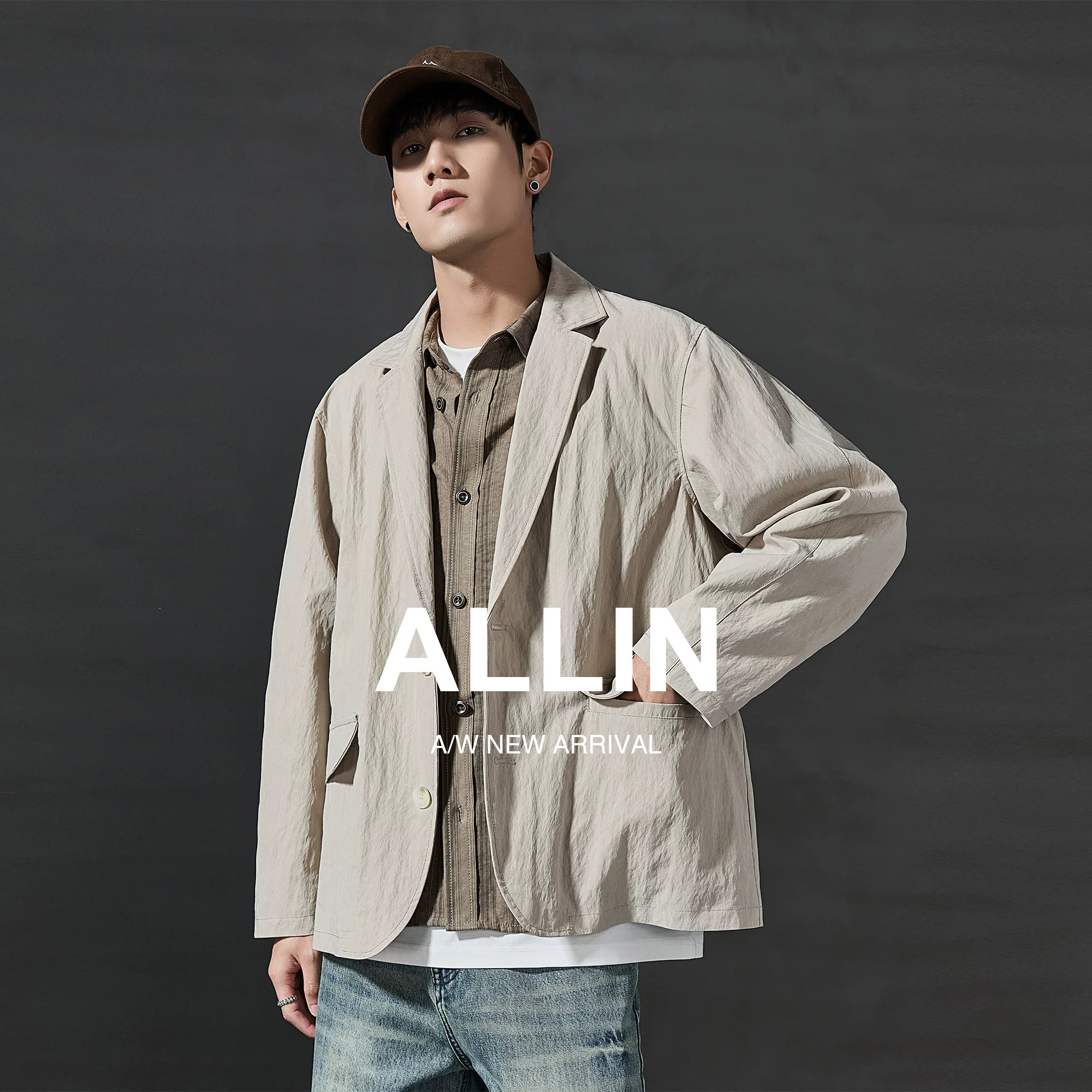 ALLIN 日系宽松廓形休闲西服男春秋新款cleanfit垂感纯色夹克外套