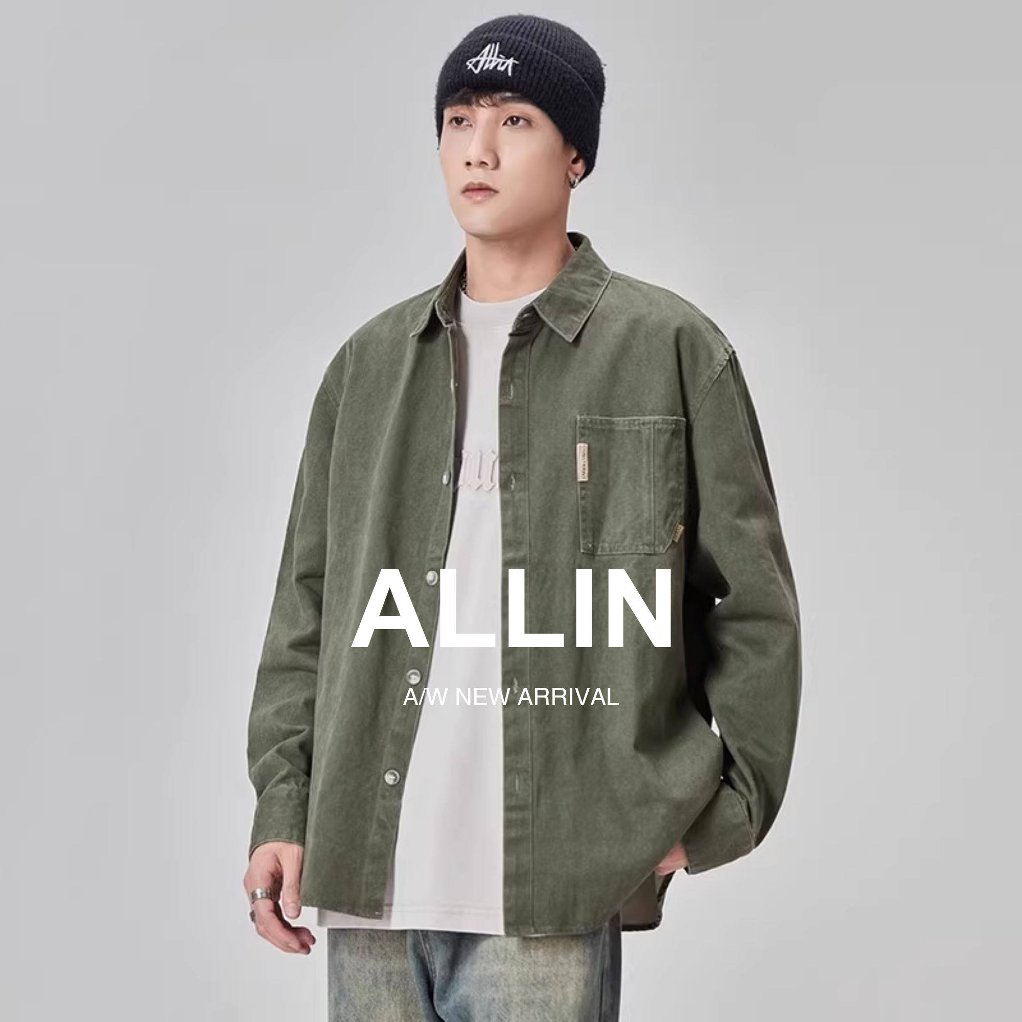ALLIN 美式工装衬衫男秋冬长袖休闲翻领衬衣复古潮牌潮流男士外