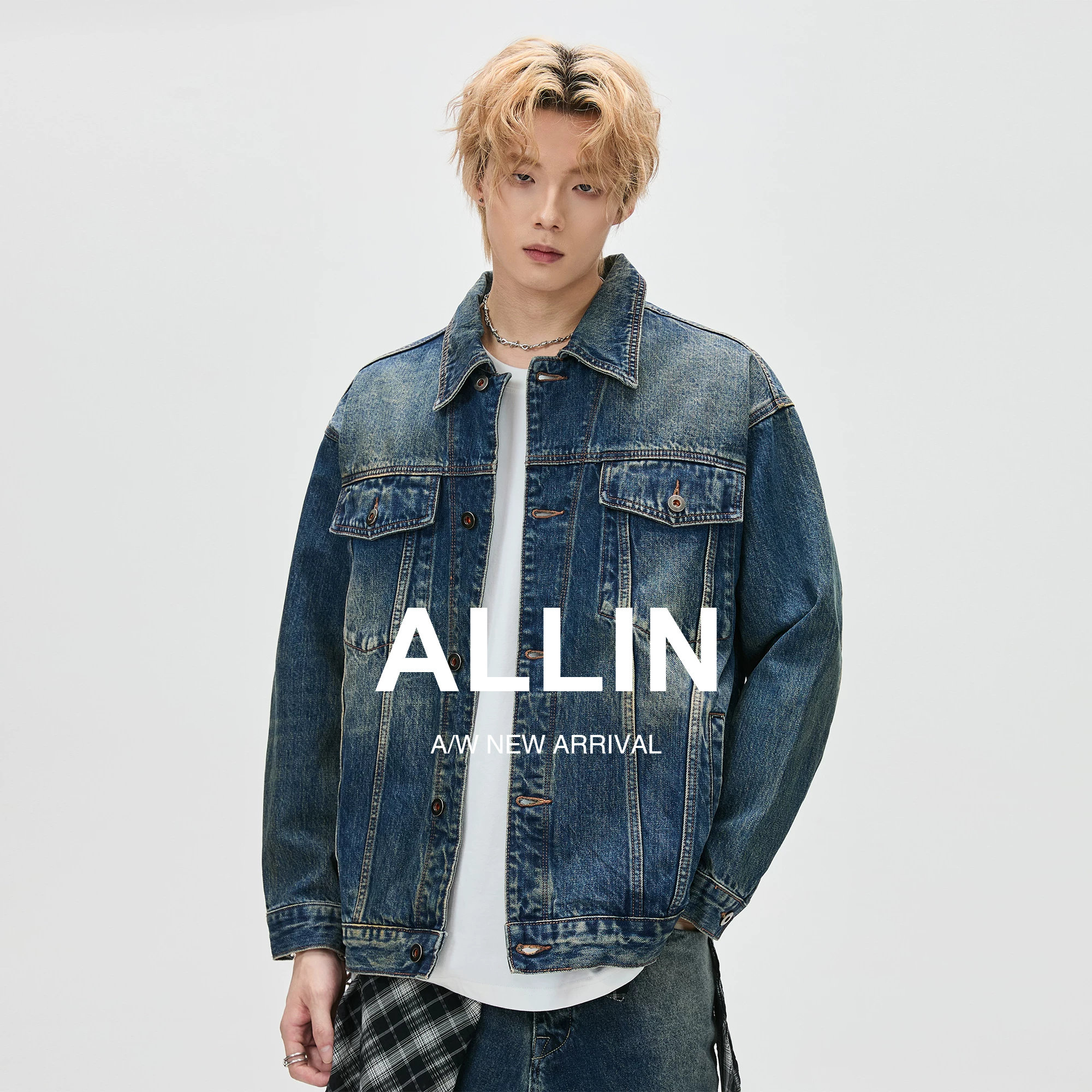 ALLIN 复古做旧对称翻盖口袋牛仔夹克男春秋美式百搭情侣牛仔外套