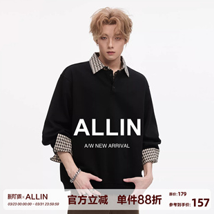 潮牌宽松情侣休闲外套 拼接翻领卫衣男春秋季 ALLIN 复古假两件衬衫