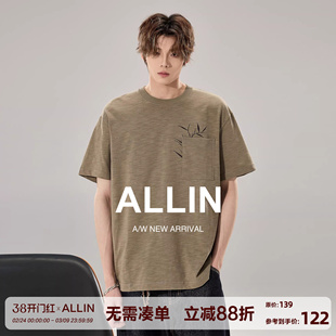 ALLIN 纯棉短袖T恤男款夏季潮牌竹节棉重磅复古刺绣圆领情侣上衣