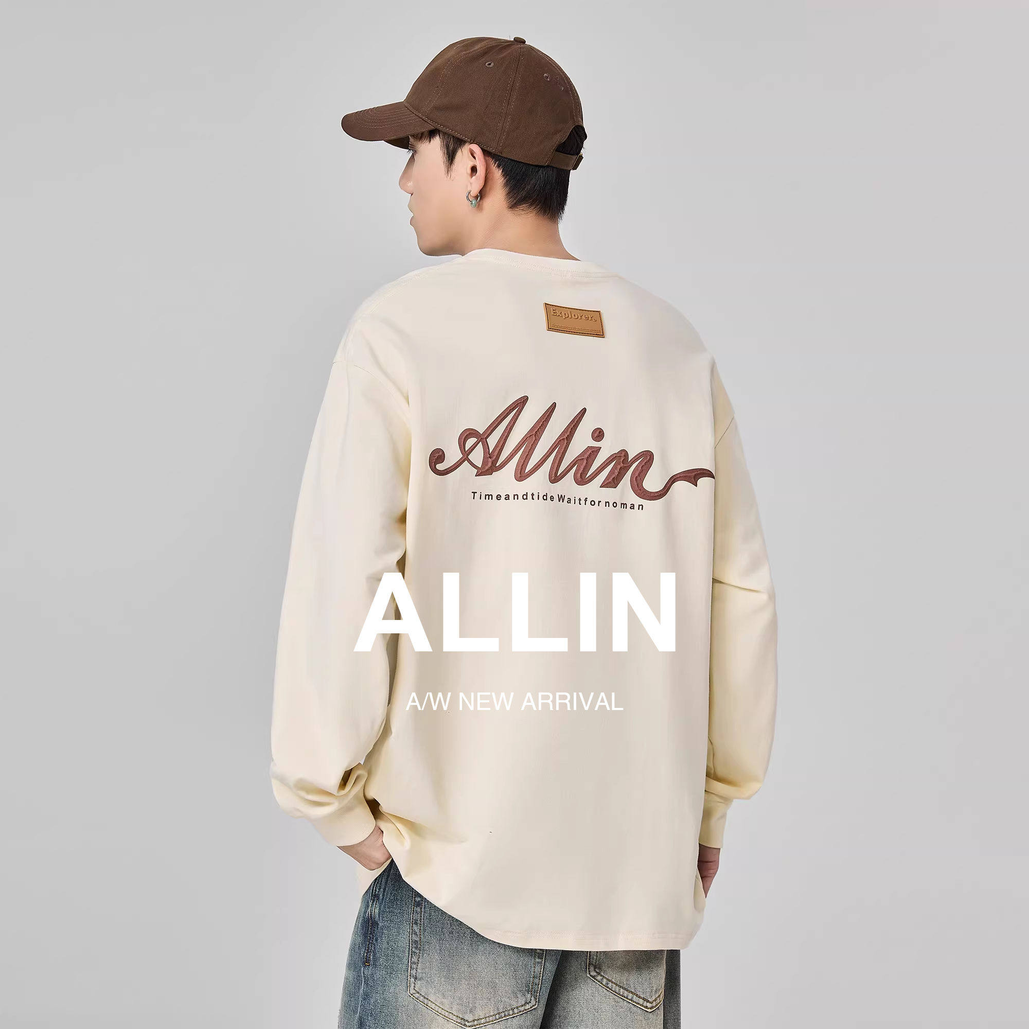 ALLIN 纯棉重磅长袖t恤男女秋冬字母印花圆领打底衫潮牌情侣上