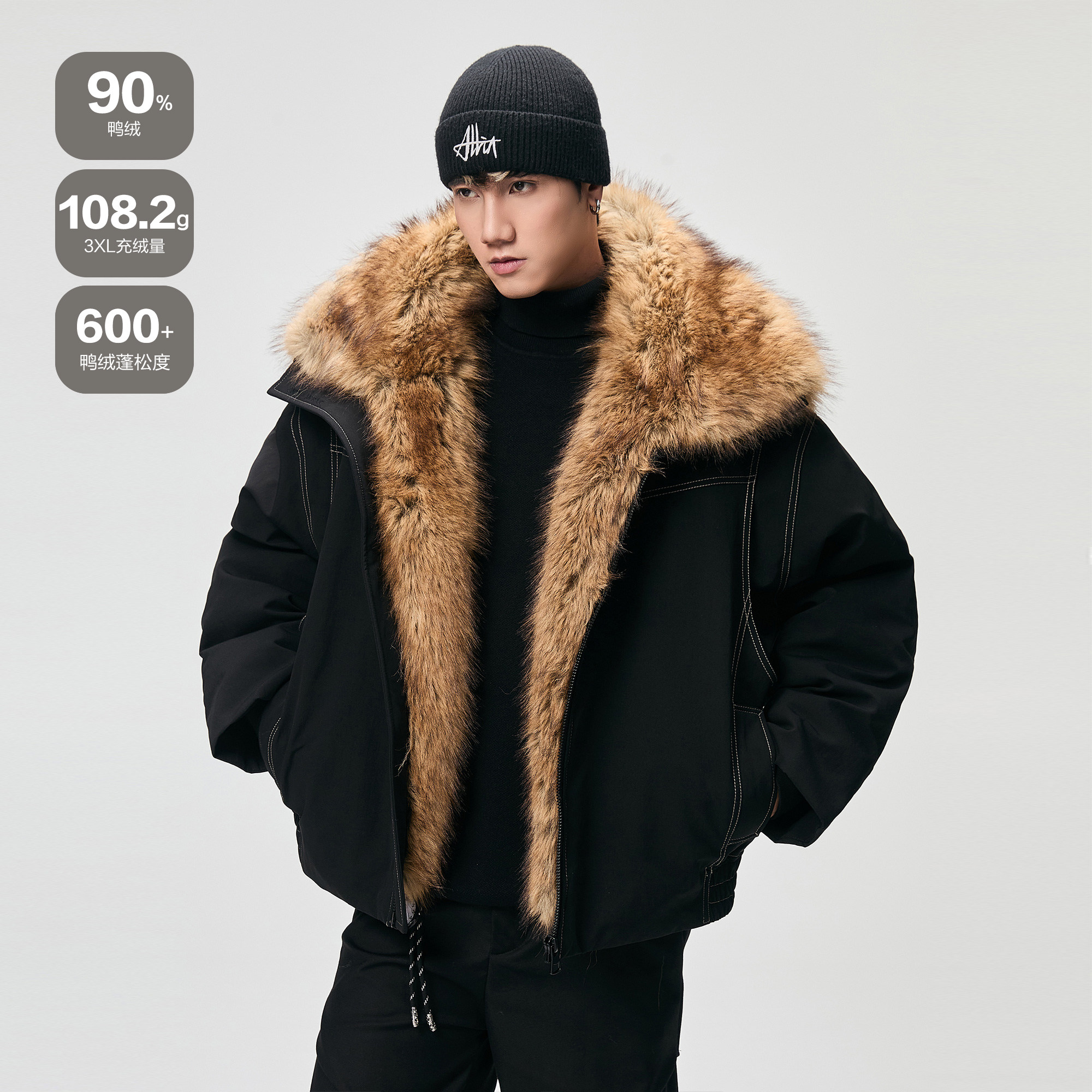 ALLIN 座山雕毛领羽绒服男冬季90白鸭绒短款防寒情侣黑色夹克外套