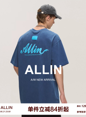 ALLIN 潮牌蓝色重磅短袖t恤男夏季美式字母印花情侣半袖纯棉上衣