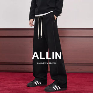 宽松直筒阔腿长裤 男秋冬加绒加厚运动休闲裤 子 黑色弯刀卫裤 ALLIN