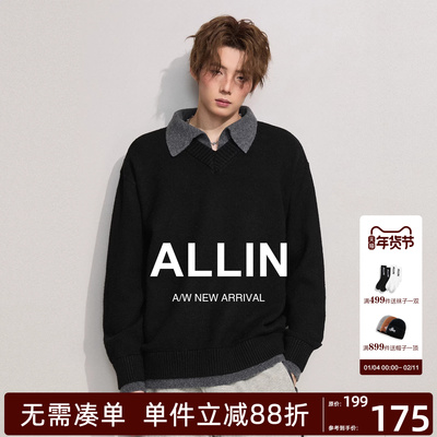 ALLIN 假两件v领翻领毛衣男秋冬cleanfit高级针织衫上衣慵懒外套