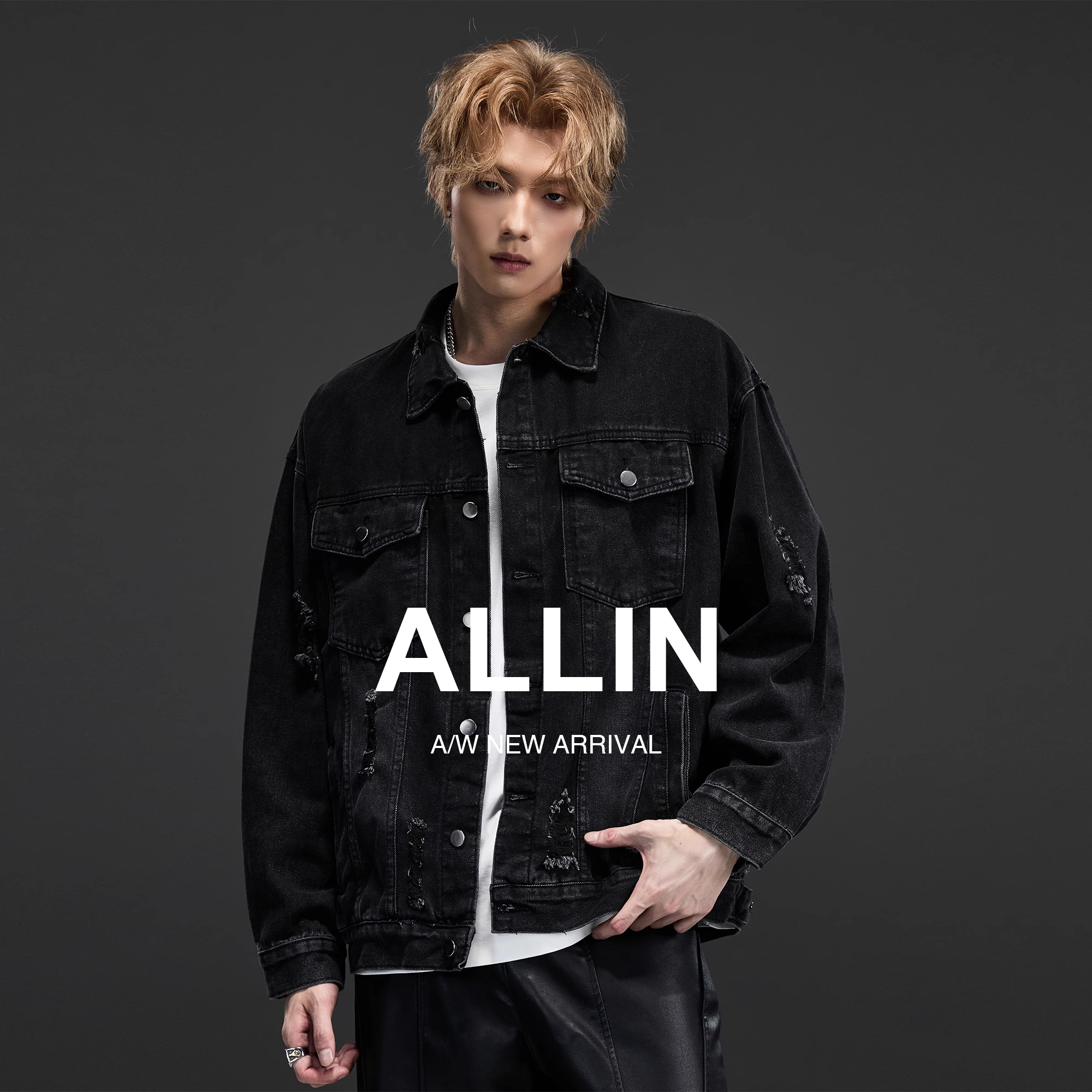 ALLIN 破洞水洗牛仔外套男生秋季美式复古黑色牛仔衣情侣潮牌外套