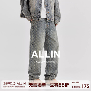 ALLIN 美式高街牛仔裤男春秋潮牌提花满印设计感宽松直筒阔腿裤子