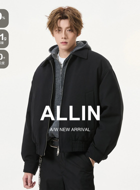 ALLIN 黑色cleanfit翻领夹克羽绒服男生冬季短款廓形保暖情侣外套
