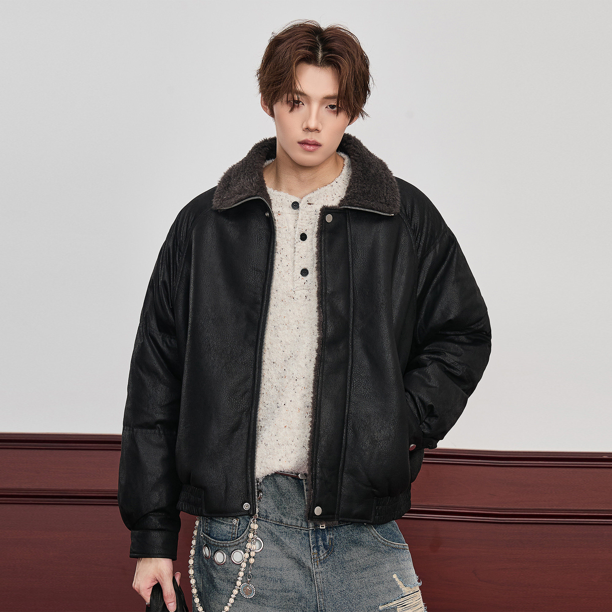 ALLIN 中性翻领黑色皮衣外套男秋冬加绒加厚皮夹克毛领保暖机车服