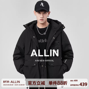 情侣短款 加厚潮牌连帽工装 保暖鸭绒外套 黑色羽绒服男生冬季 ALLIN