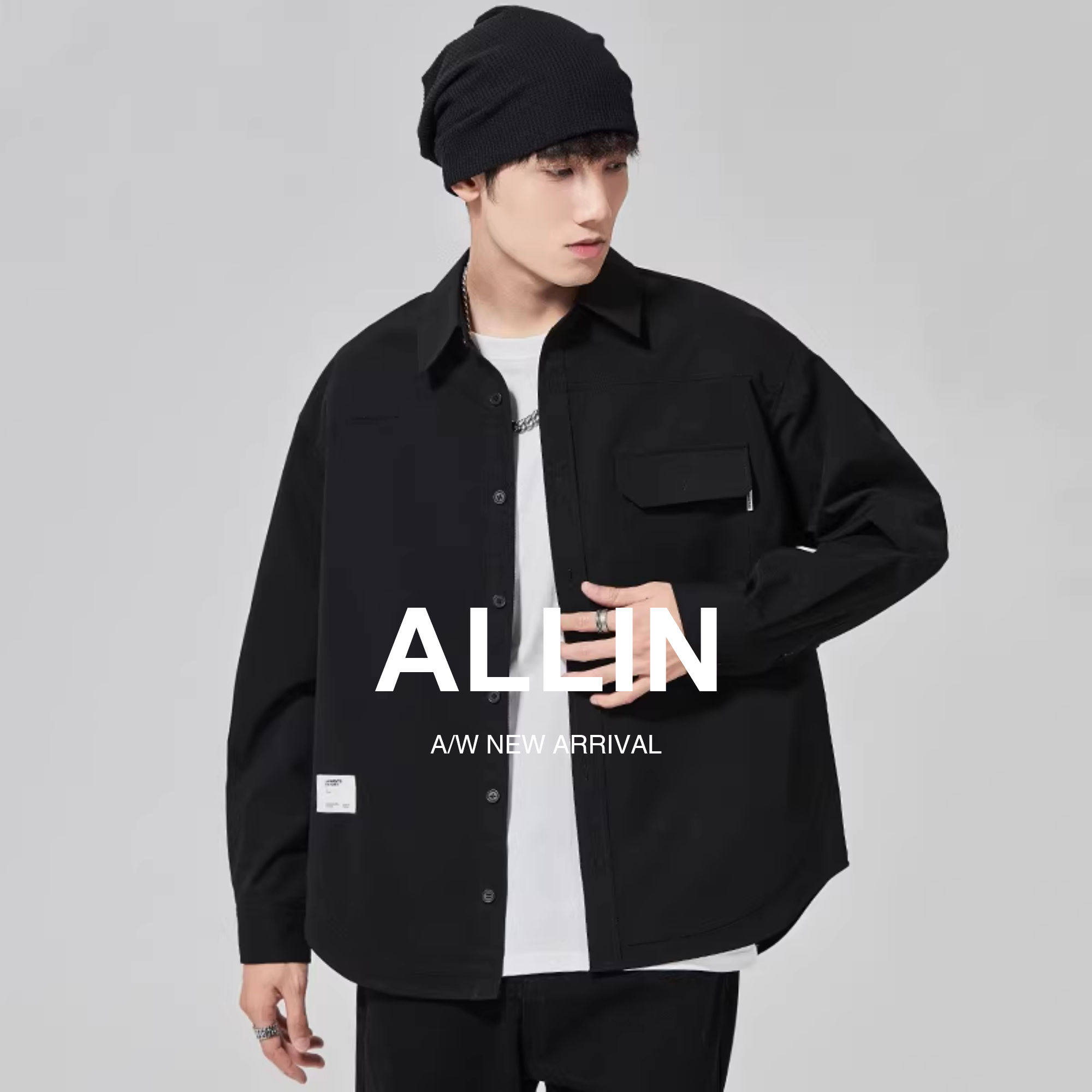 ALLIN 美式工装长袖衬衫男秋冬潮牌痞帅宽松衬衣黑色休闲上衣外