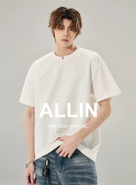 ALLIN 白色曼巴棉短袖T恤男生夏季260g重磅小V领设计情侣潮牌上衣