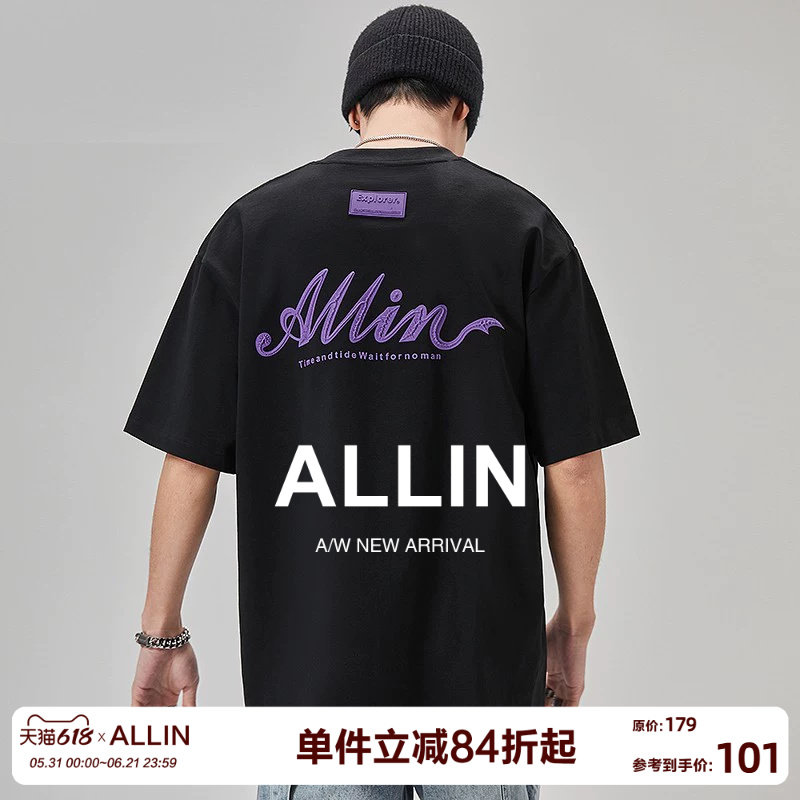 ALLIN 重磅纯棉短袖t恤男女夏季黑色五分袖字母发泡印花半袖上