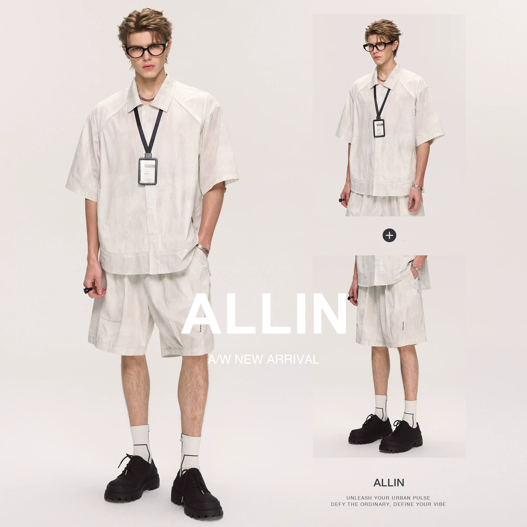 ALLIN 潮牌翻领短袖衬衫休闲短裤两件套男夏季美式高级感轻奢套装