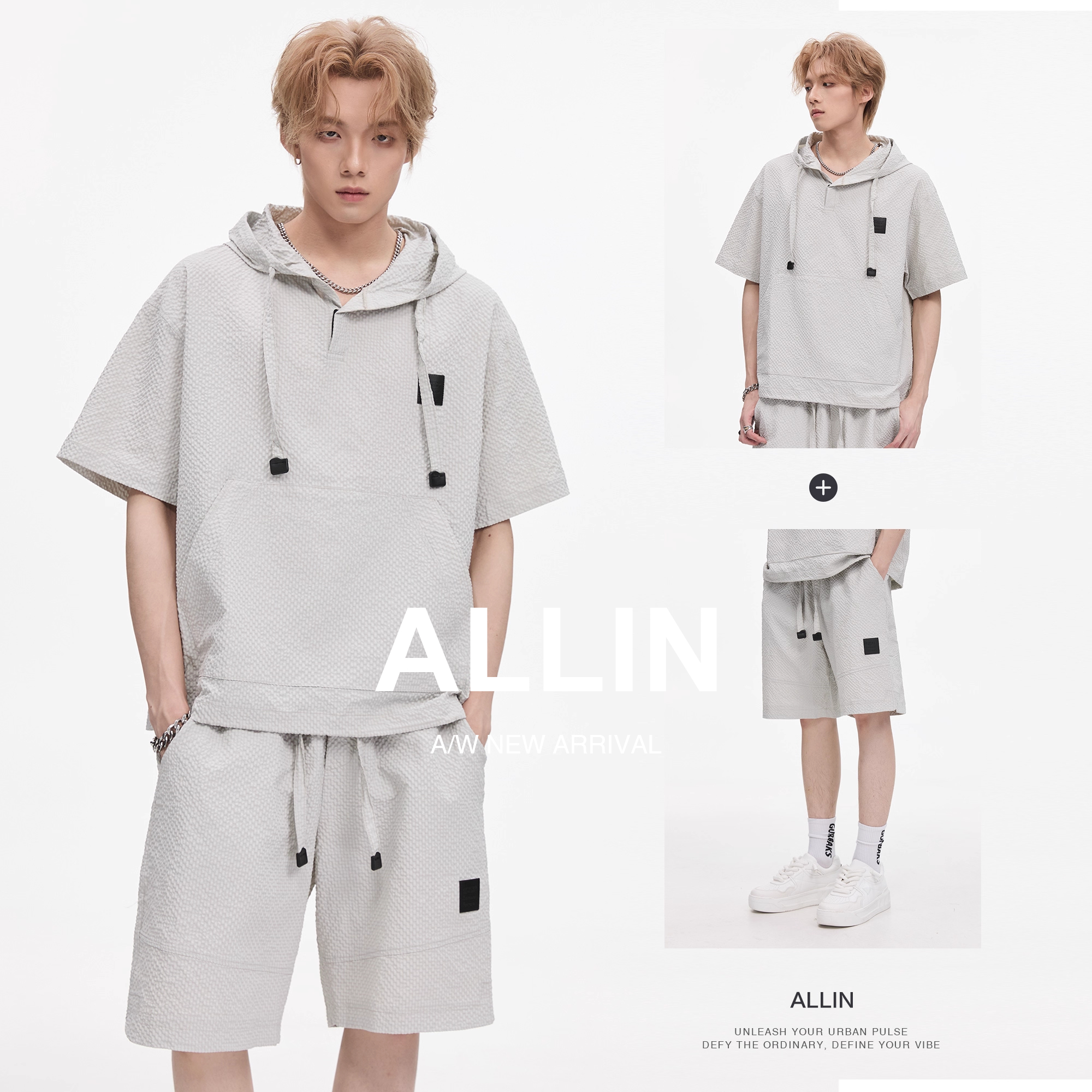 ALLIN 潮牌休闲短袖短裤两件套男生夏季薄款透气情侣酷帅穿搭套装