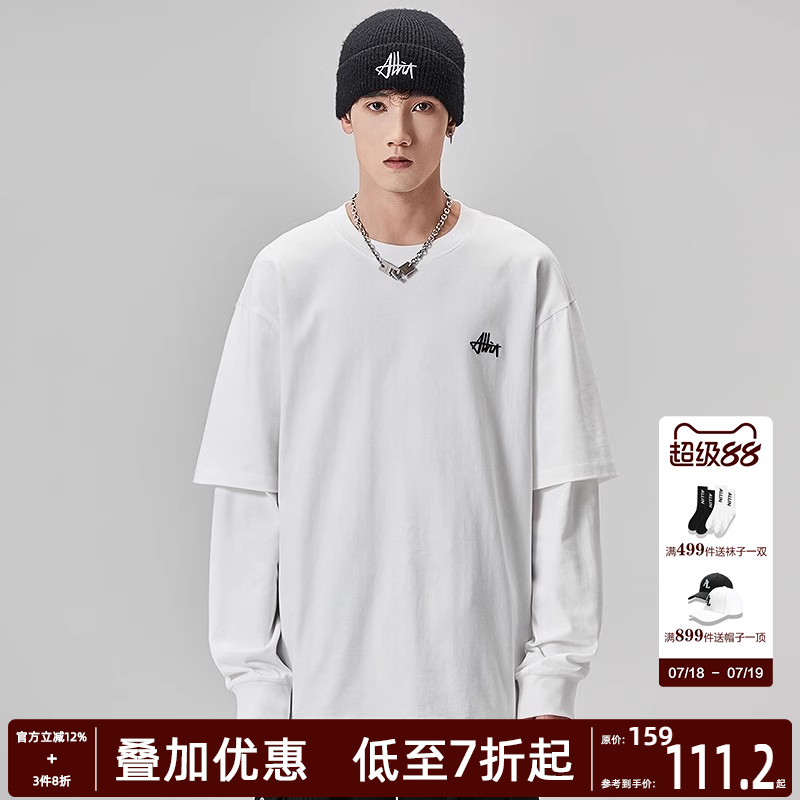 纯棉品牌字母刺绣假两件长袖t恤