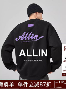 ALLIN 黑色重磅卫衣男秋冬字母印花圆领套头宽松百搭潮牌情侣上衣