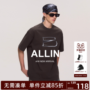 复古宽松圆领半袖 ALLIN 休闲夏季 t恤男美式 情侣上衣 字母印花短袖