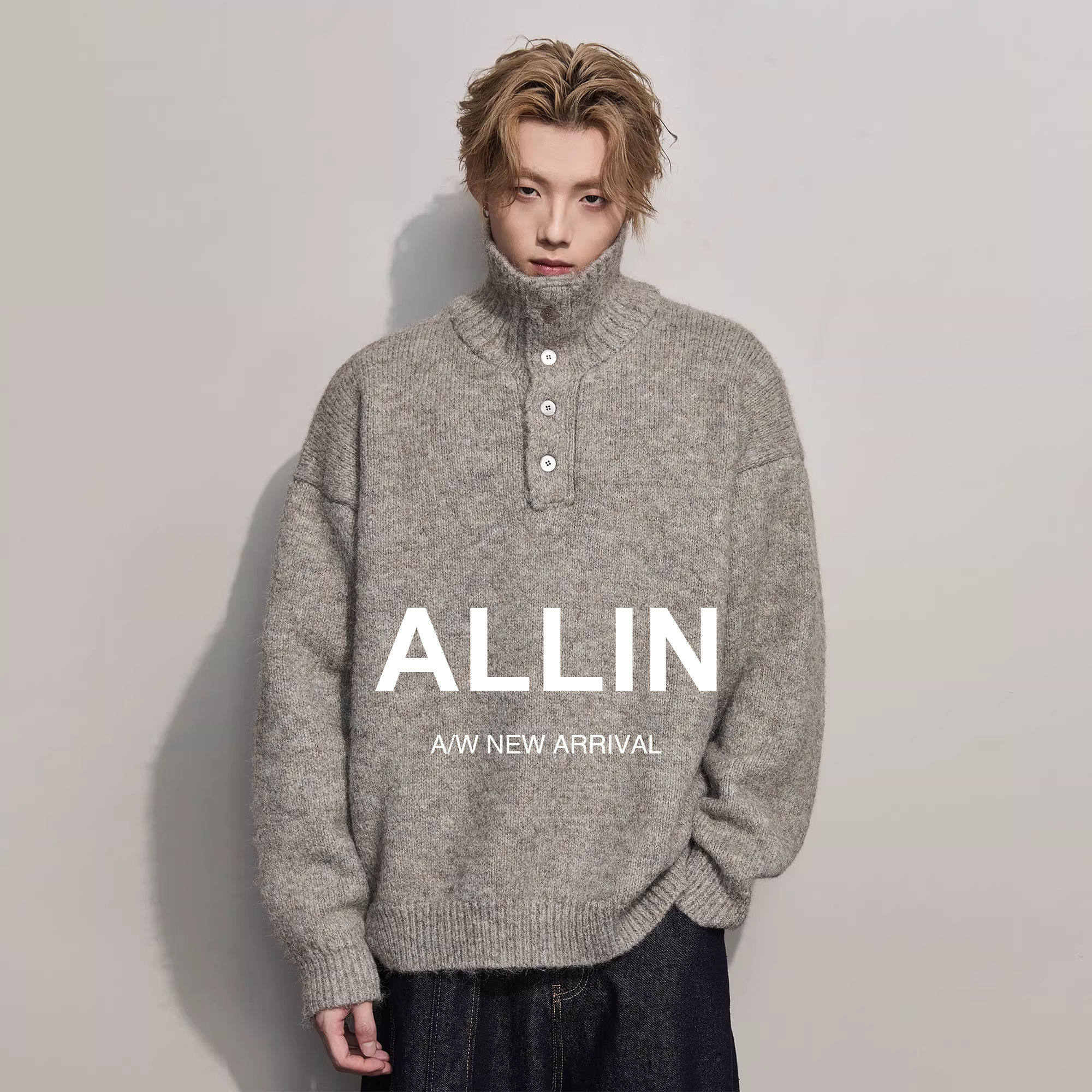 ALLIN 高领半开襟纽扣毛衣男秋冬情侣加厚针织宽松潮牌打底衫外