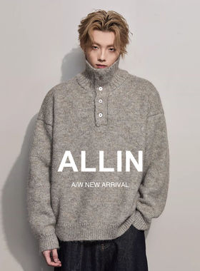 ALLIN 高领半开襟纽扣毛衣男秋冬情侣加厚针织宽松潮牌打底衫外套