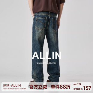 高街蓝色休闲百搭宽松直筒裤 ALLIN 美式 男春秋季 子 水洗复古牛仔裤
