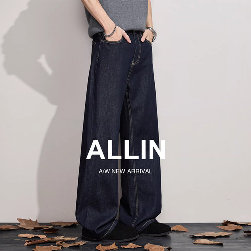 ALLIN 美式高街丹宁原色弯刀牛仔裤男春秋潮牌休闲宽松直筒长裤子