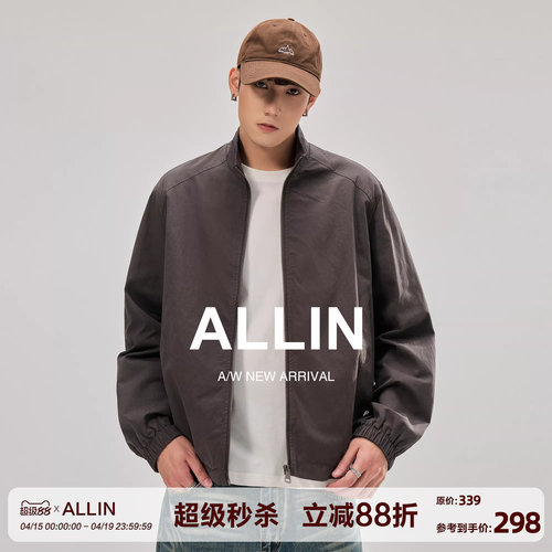 ALLIN 棉亚麻混纺立领夹克男春季情侣宽松百搭潮流哈灵顿飞行外套
