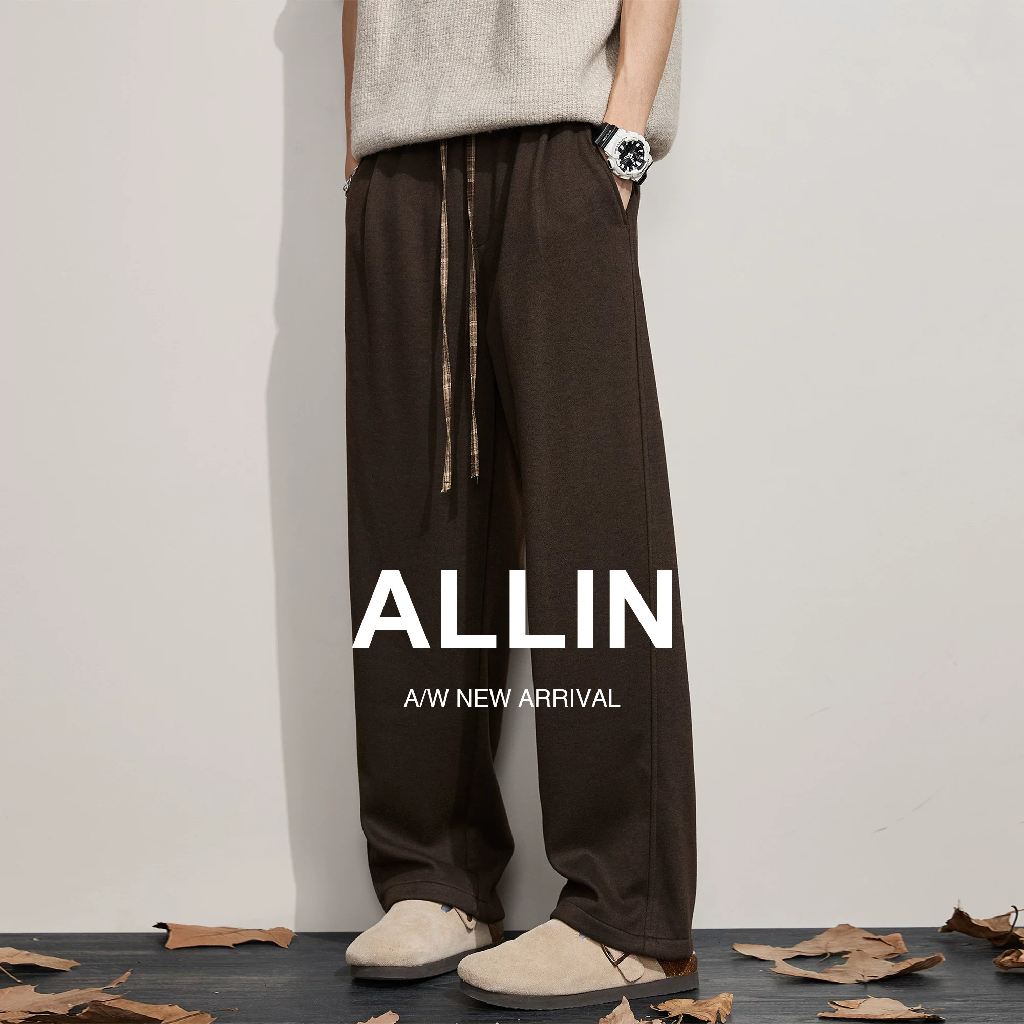 ALLIN 垂感廓形宽松休闲裤子男夏季含绵羊毛褶皱抽绳阔腿直筒长裤